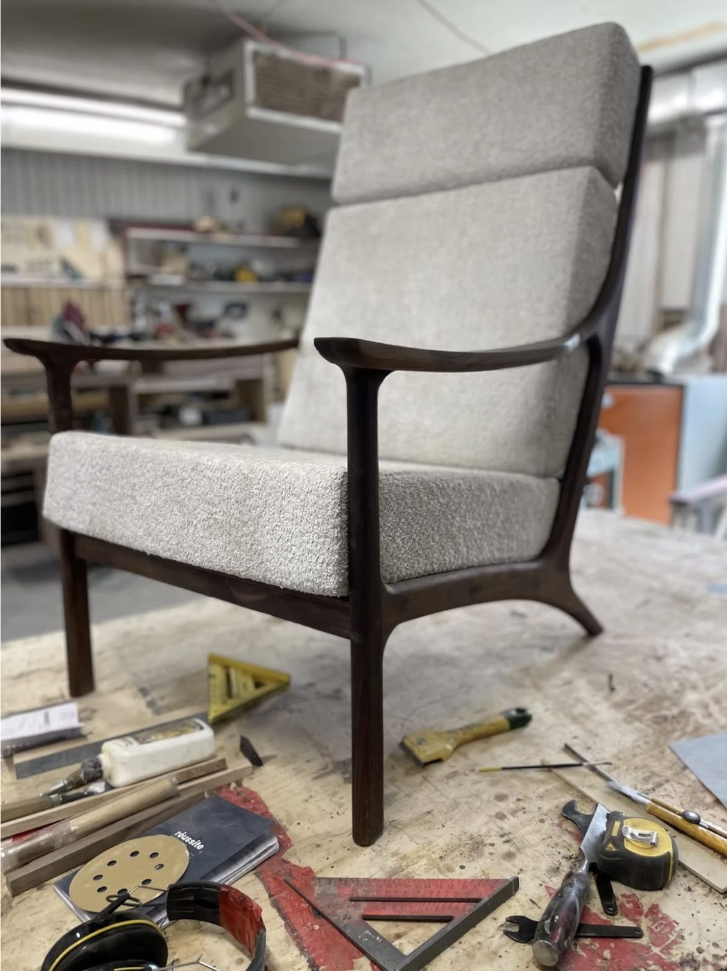 High Back Vintage Armchair, Walnut and Boucle - Image 2