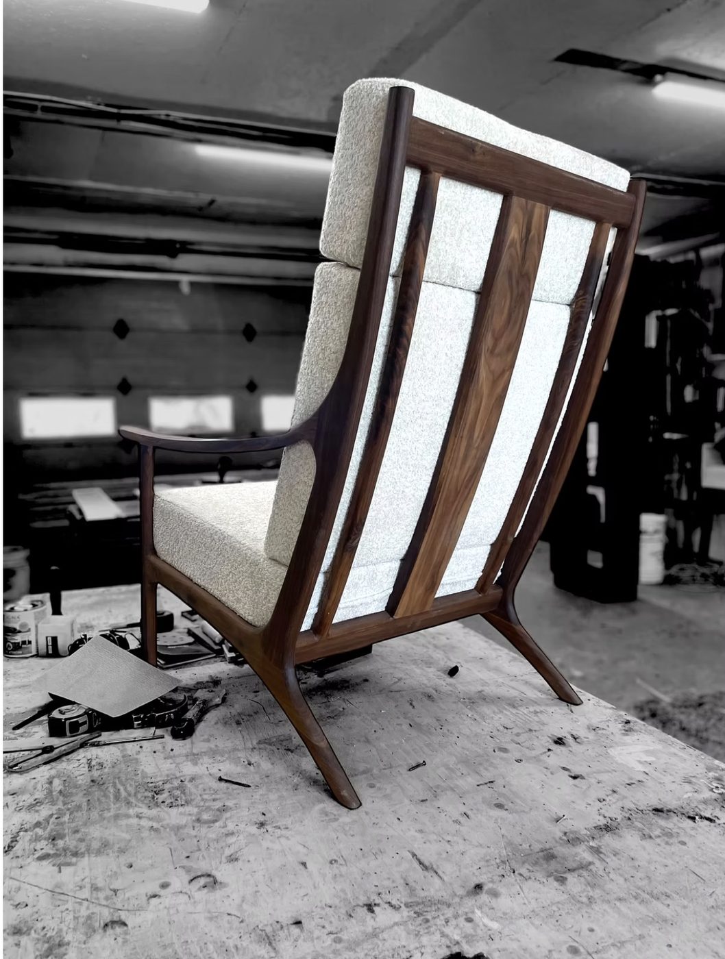 High Back Vintage Armchair, Walnut and Boucle - Image 3