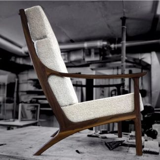 High Back Vintage Armchair, Walnut and Boucle
