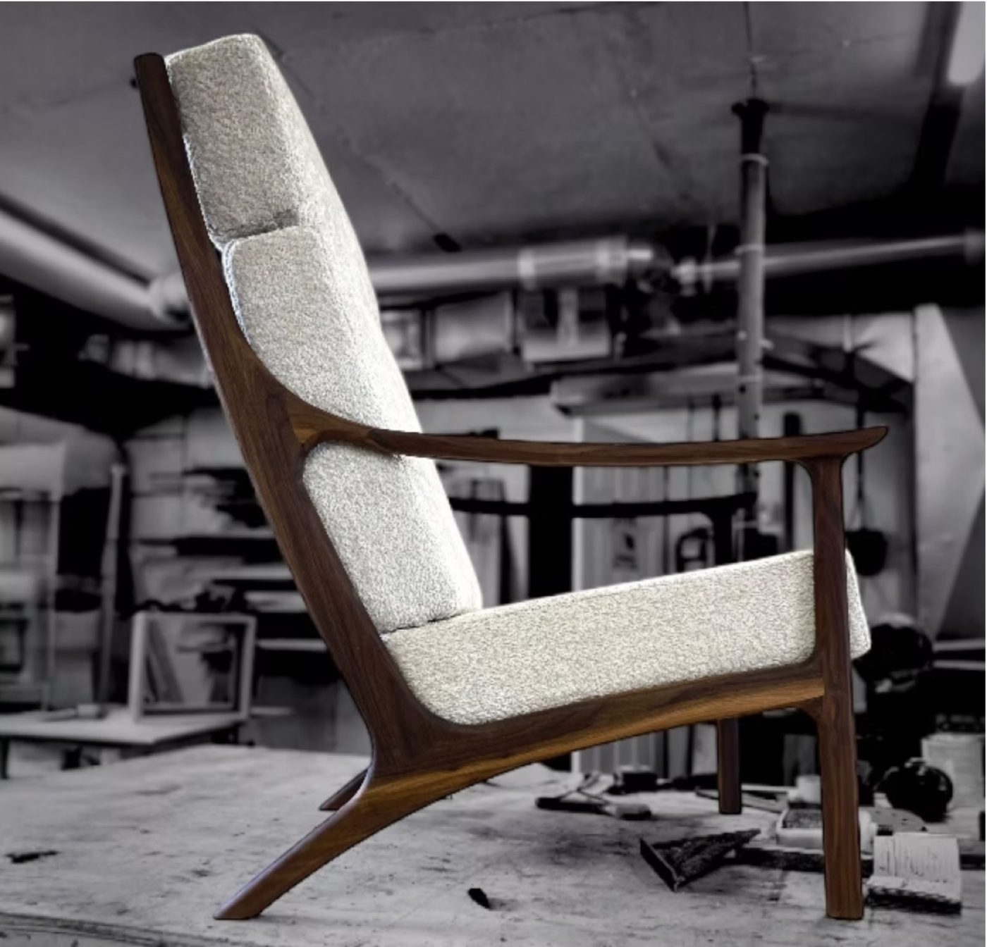 High Back Vintage Armchair, Walnut and Boucle
