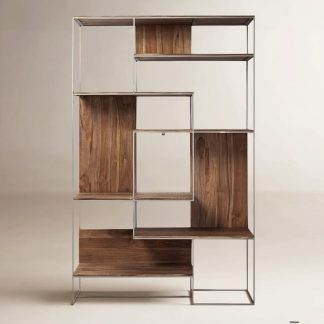 Walnut and Metal Narrow Bookcase
