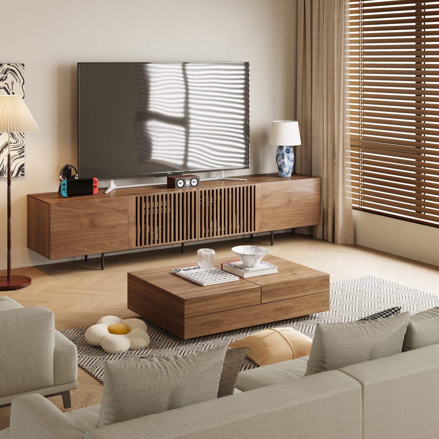 Two Piece Walnut Media Console and Coffee Table Set - Image 3