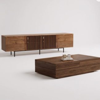 Two Piece Walnut Media Console and Coffee Table Set