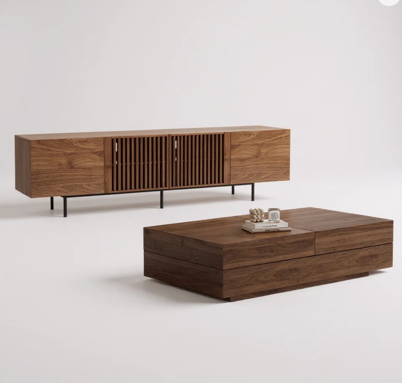 Two Piece Walnut Media Console and Coffee Table Set