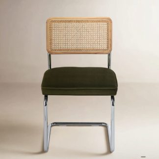Cane and Olive Velvet Dining Chairs, Set of Two