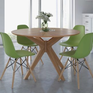 Round Oak Dining Set for Four, Green Chairs
