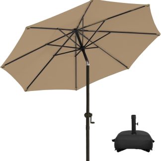 Tan Patio Umbrella with Base, 9 ft