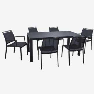 Seven Piece Outdoor Dining Set, Black Stone Top