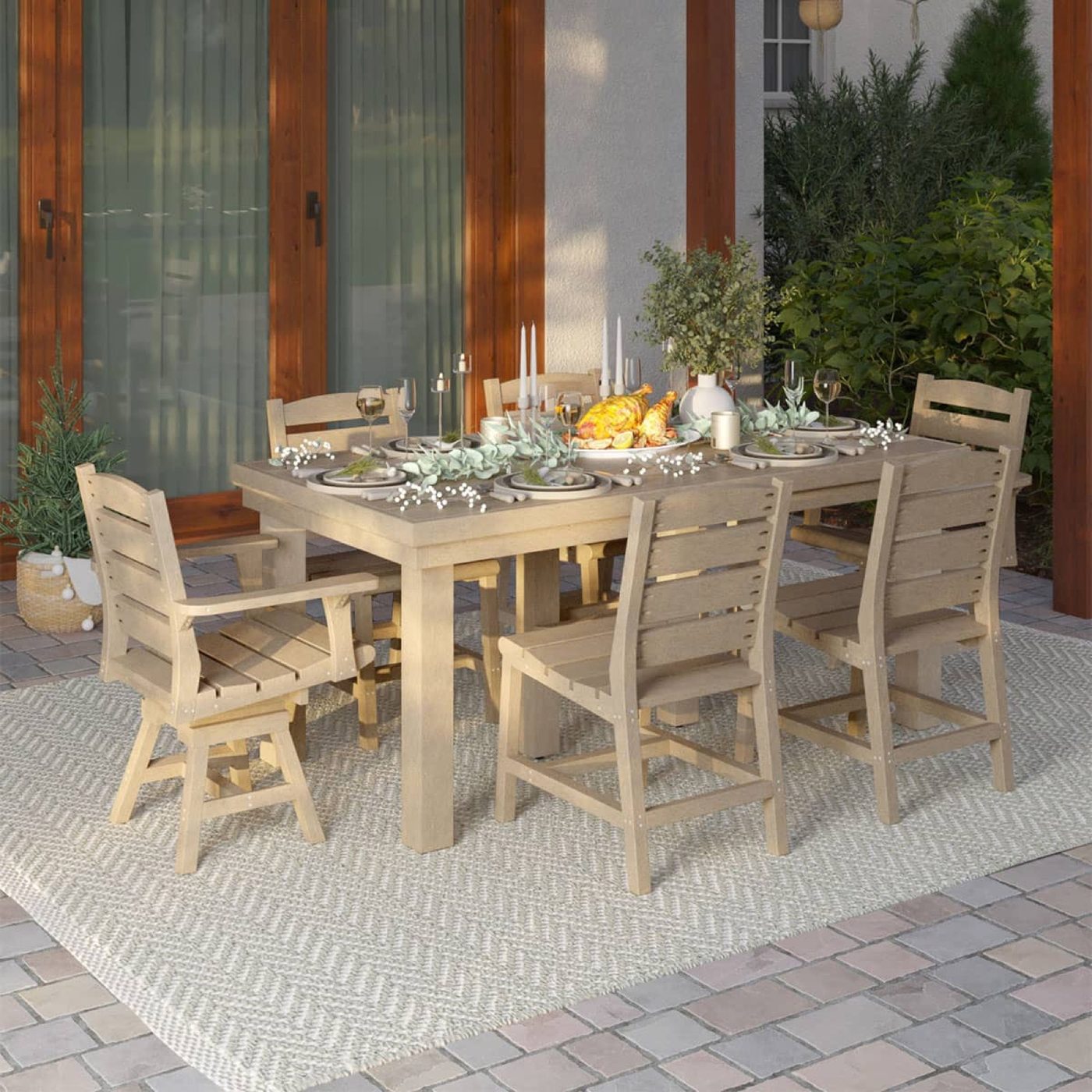 Seven Piece Beige Outdoor Dining Set