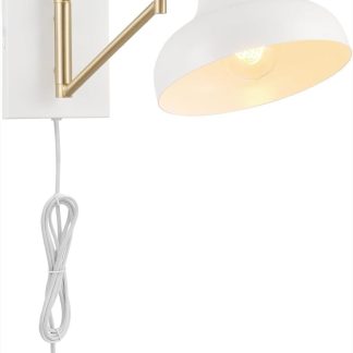 Swing Arm Plug In Wall Sconce, White and Brass