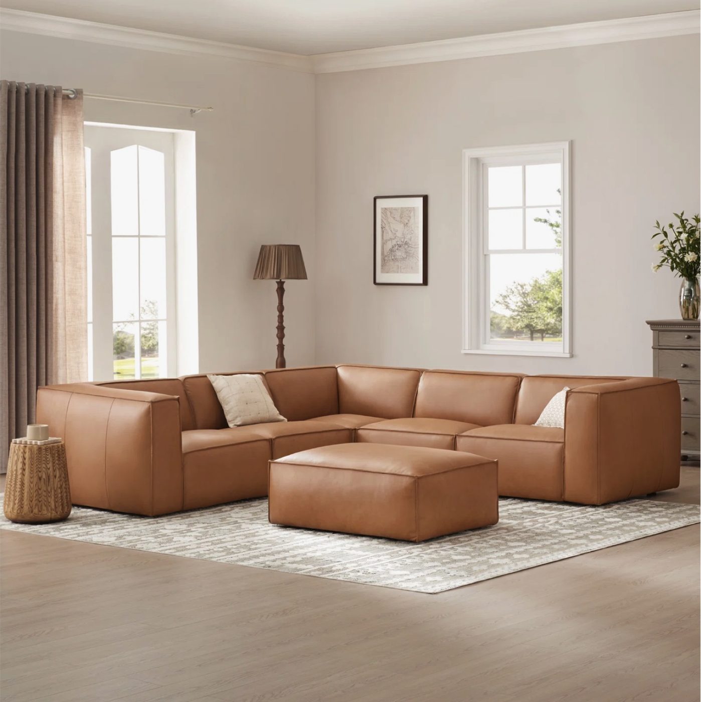 Six Piece Caramel Leather Modular Sectional - Image 2
