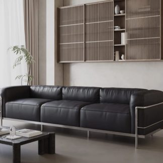 Black Leather and Chrome Three Seat Sofa