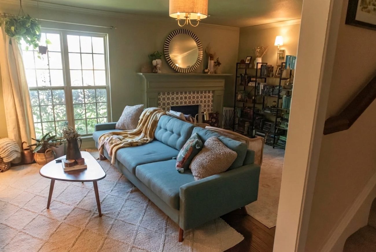 The same living room with a round mirror over the mantel